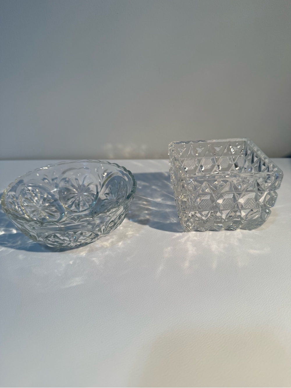 Vtg Heavy Lead Crystal 2-Piece Set Moon Star Bowl Square Cut Diamond Candy Dish
